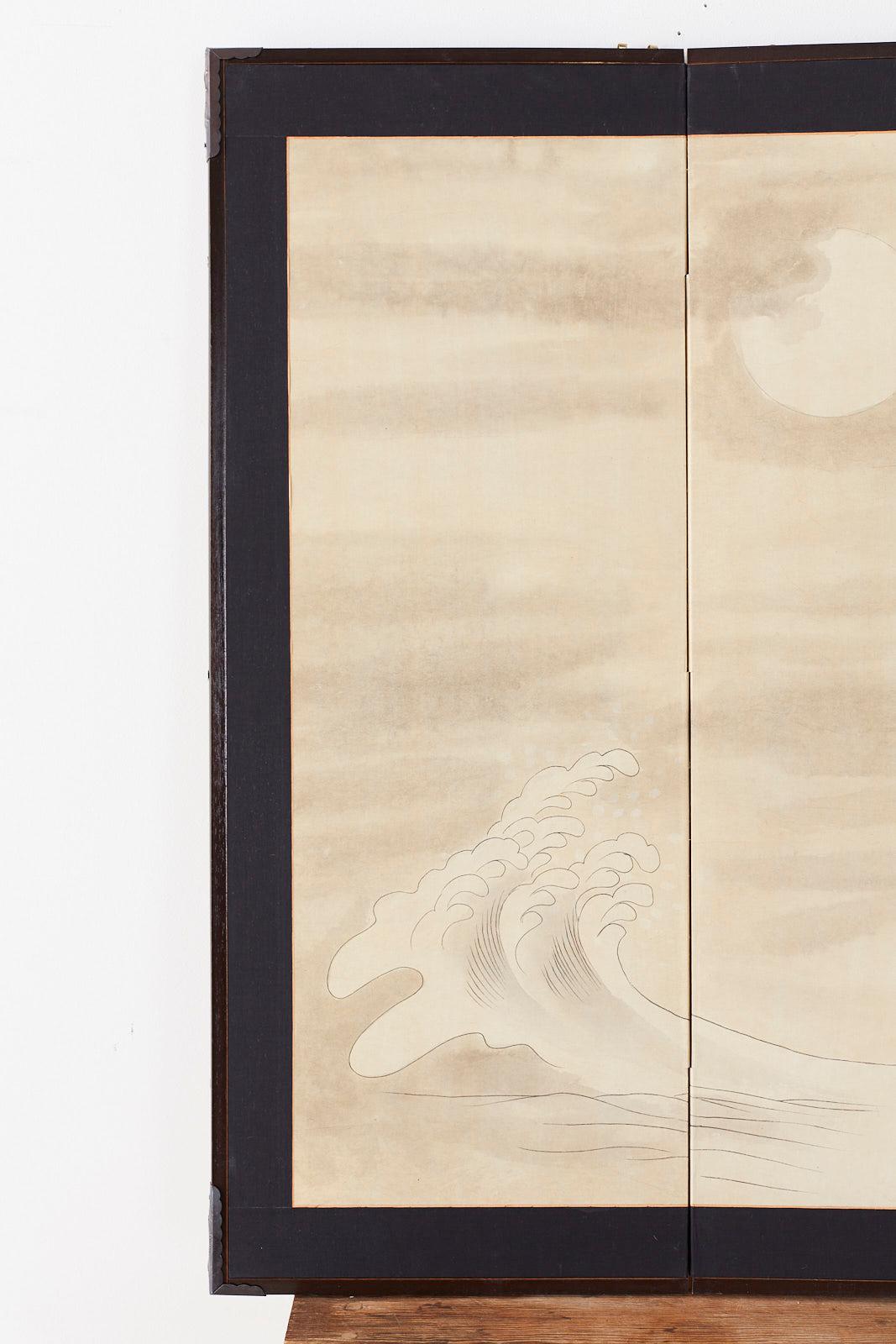 Modern Japanese Four-Panel Screen of White Egret with Waves