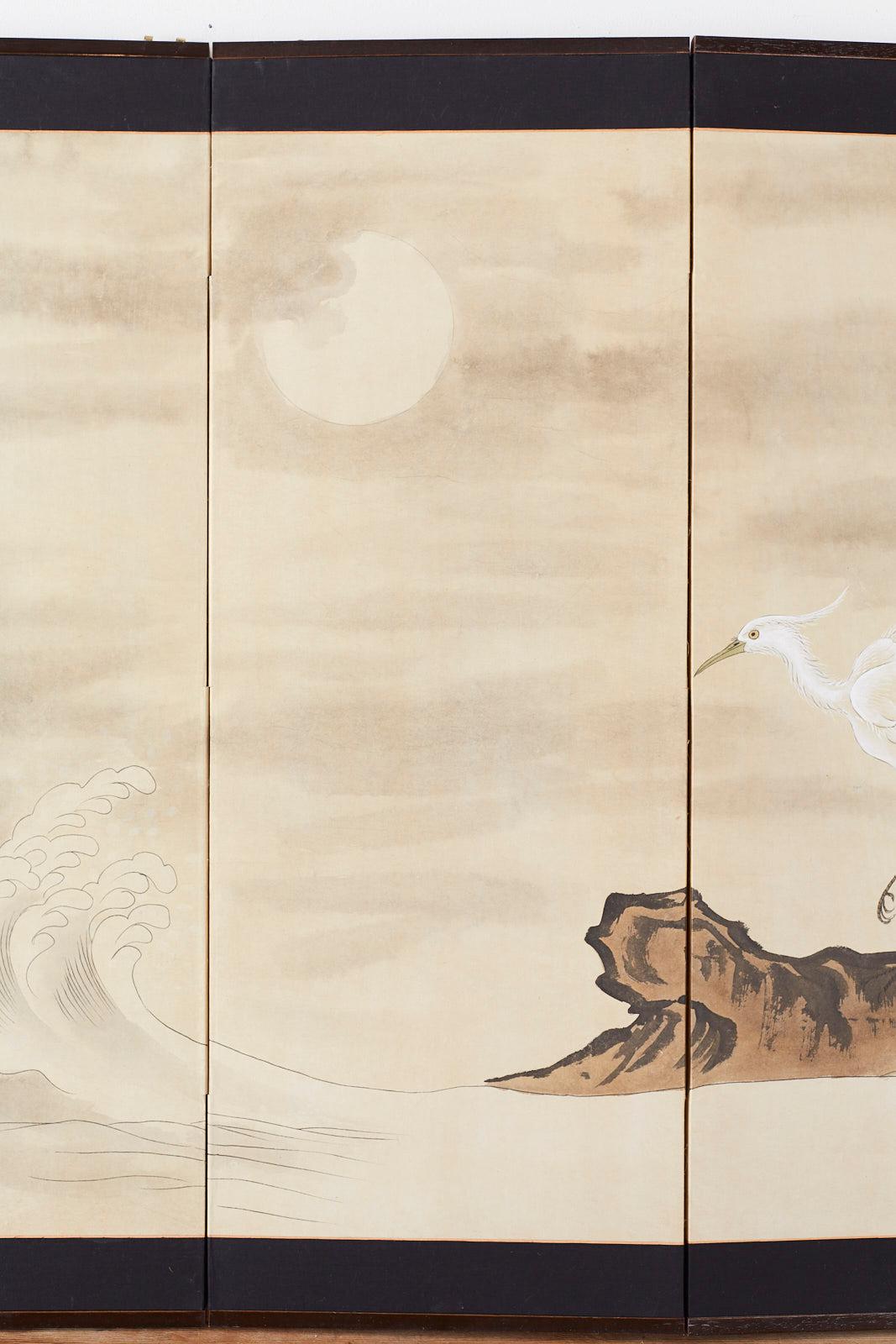 Hand-Crafted Japanese Four-Panel Screen of White Egret with Waves