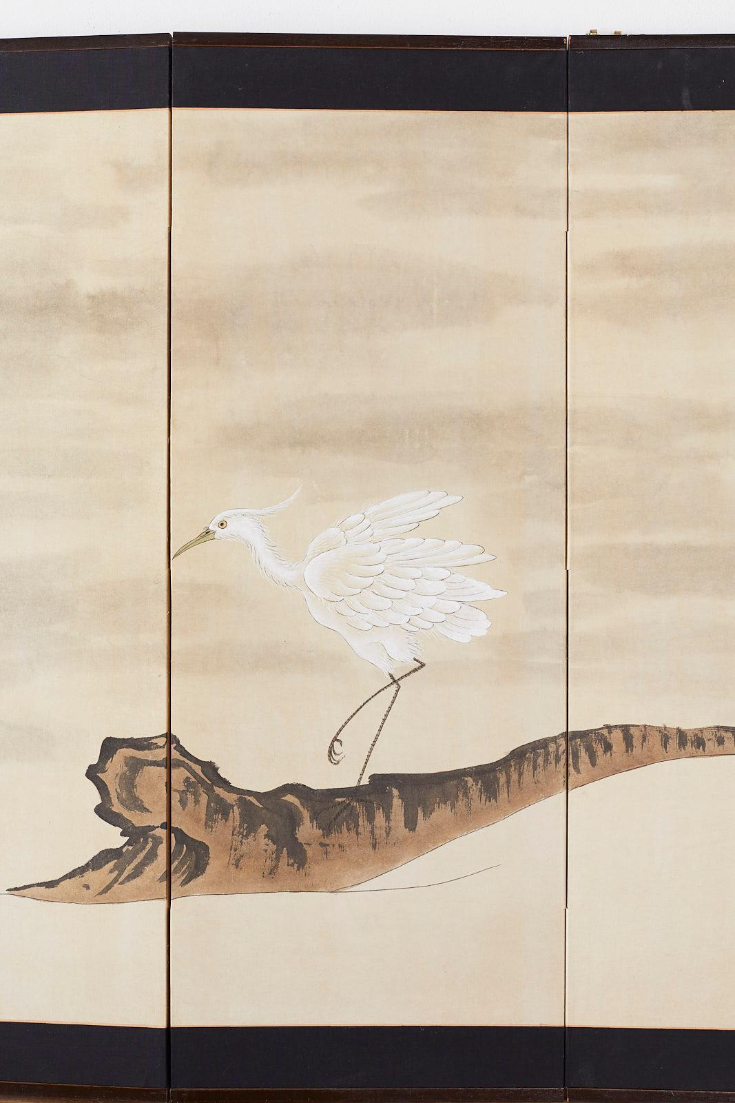 Japanese Four-Panel Screen of White Egret with Waves In Good Condition In Rio Vista, CA