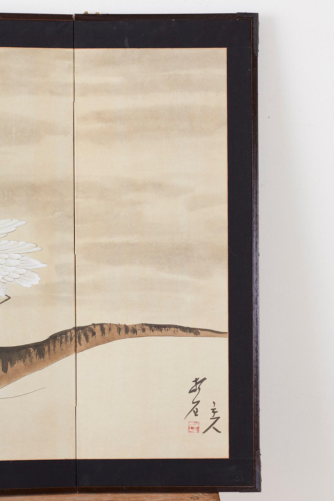 20th Century Japanese Four-Panel Screen of White Egret with Waves