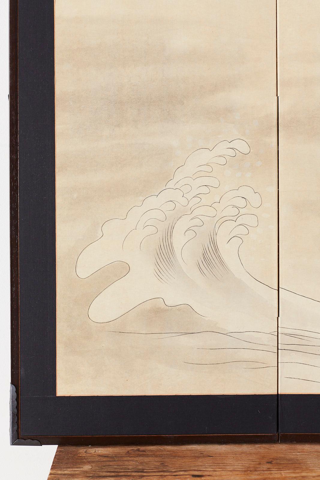 Japanese Four-Panel Screen of White Egret with Waves 1
