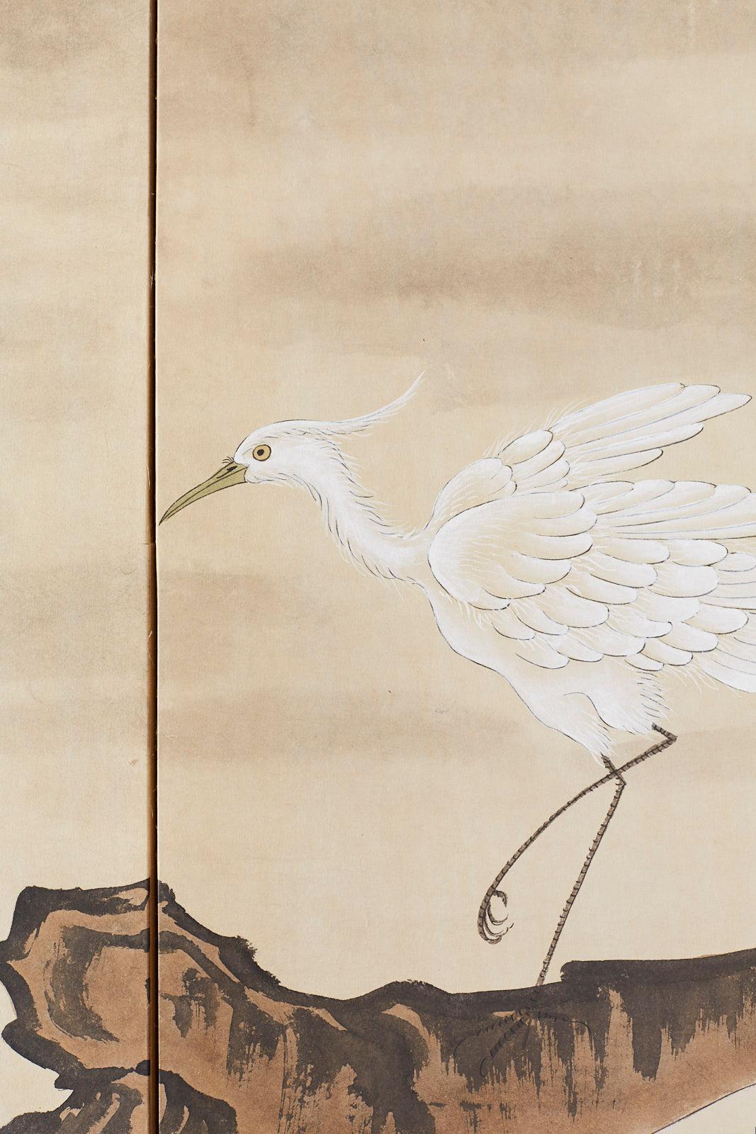Japanese Four-Panel Screen of White Egret with Waves 2