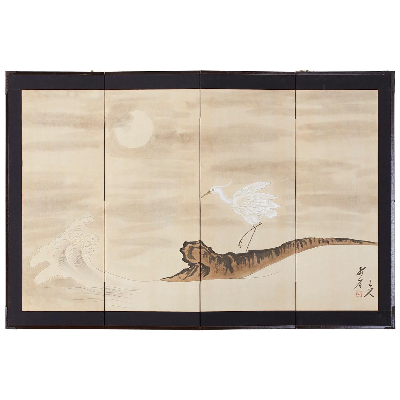Japanese Four-Panel Screen of White Egret with Waves
