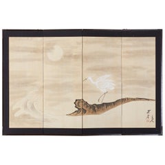 Vintage Japanese Four-Panel Screen of White Egret with Waves