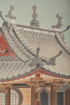 Japanese Four Panel Screen, Okinawa Painting of a Temple Scene