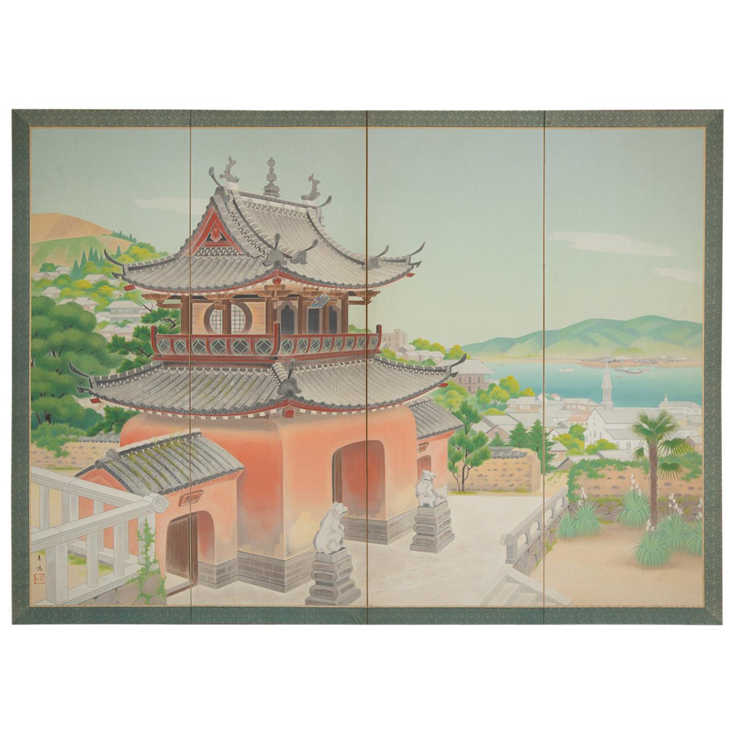 Japanese Four Panel Screen, Okinawa Painting of a Temple Scene For Sale