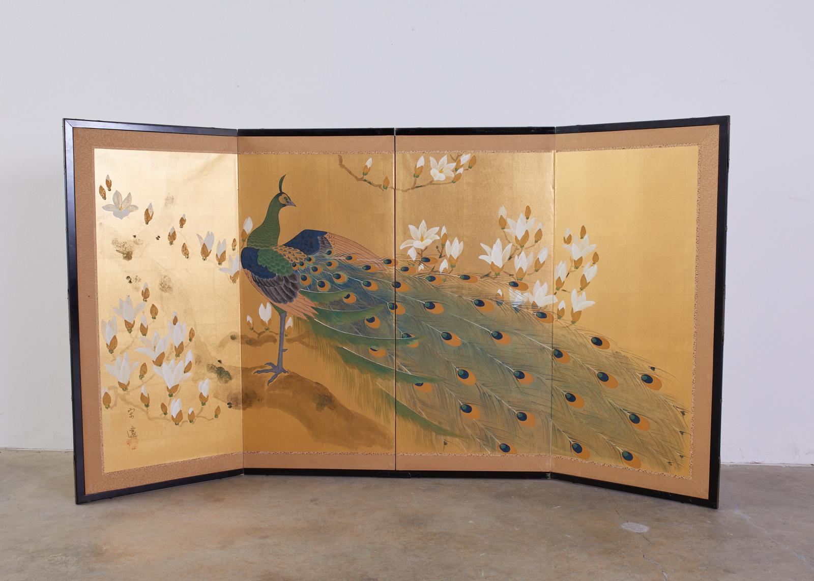 Japanese Four Panel Screen Peacock and Flowering Magnolia 2