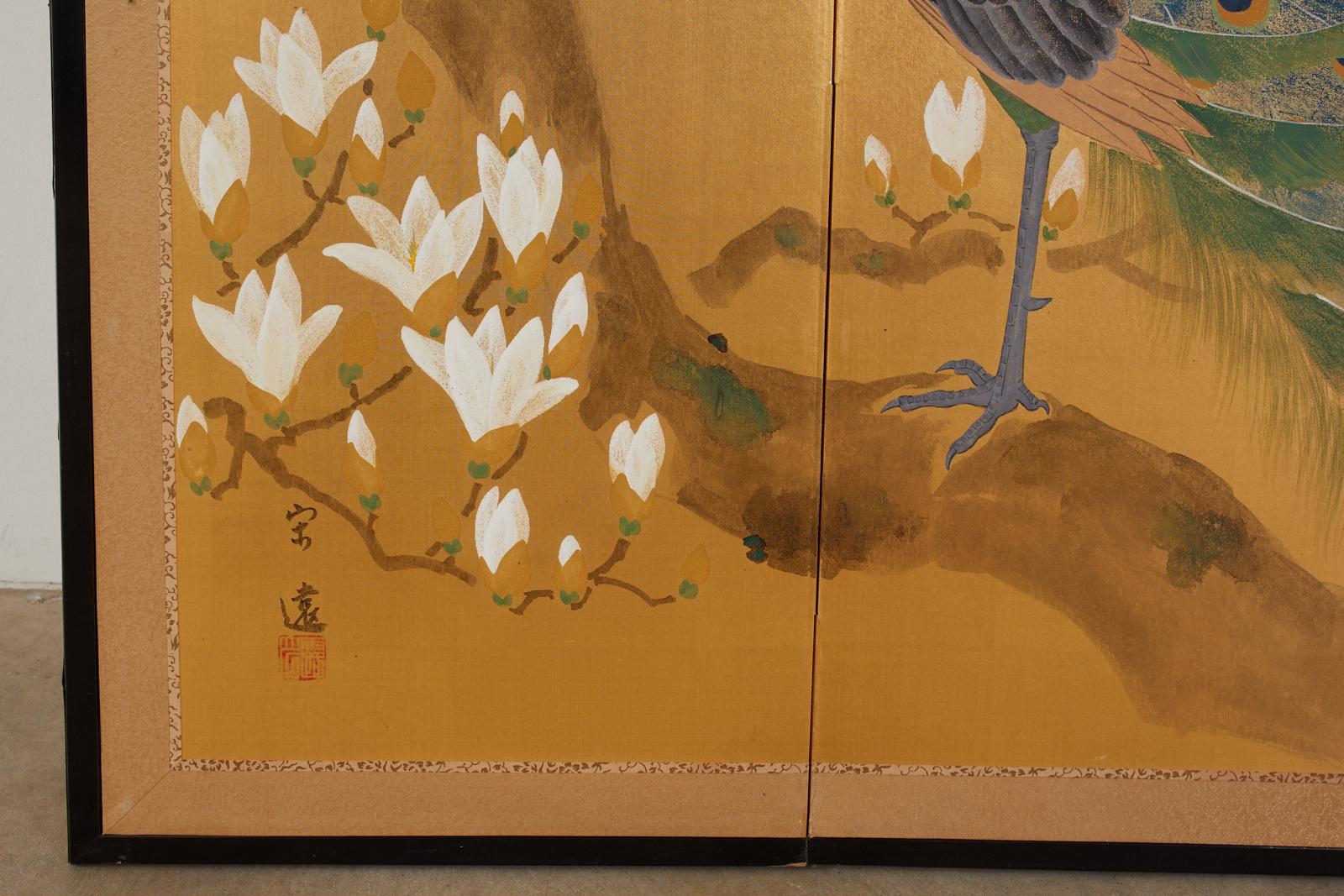 Japanese Four Panel Screen Peacock and Flowering Magnolia 3