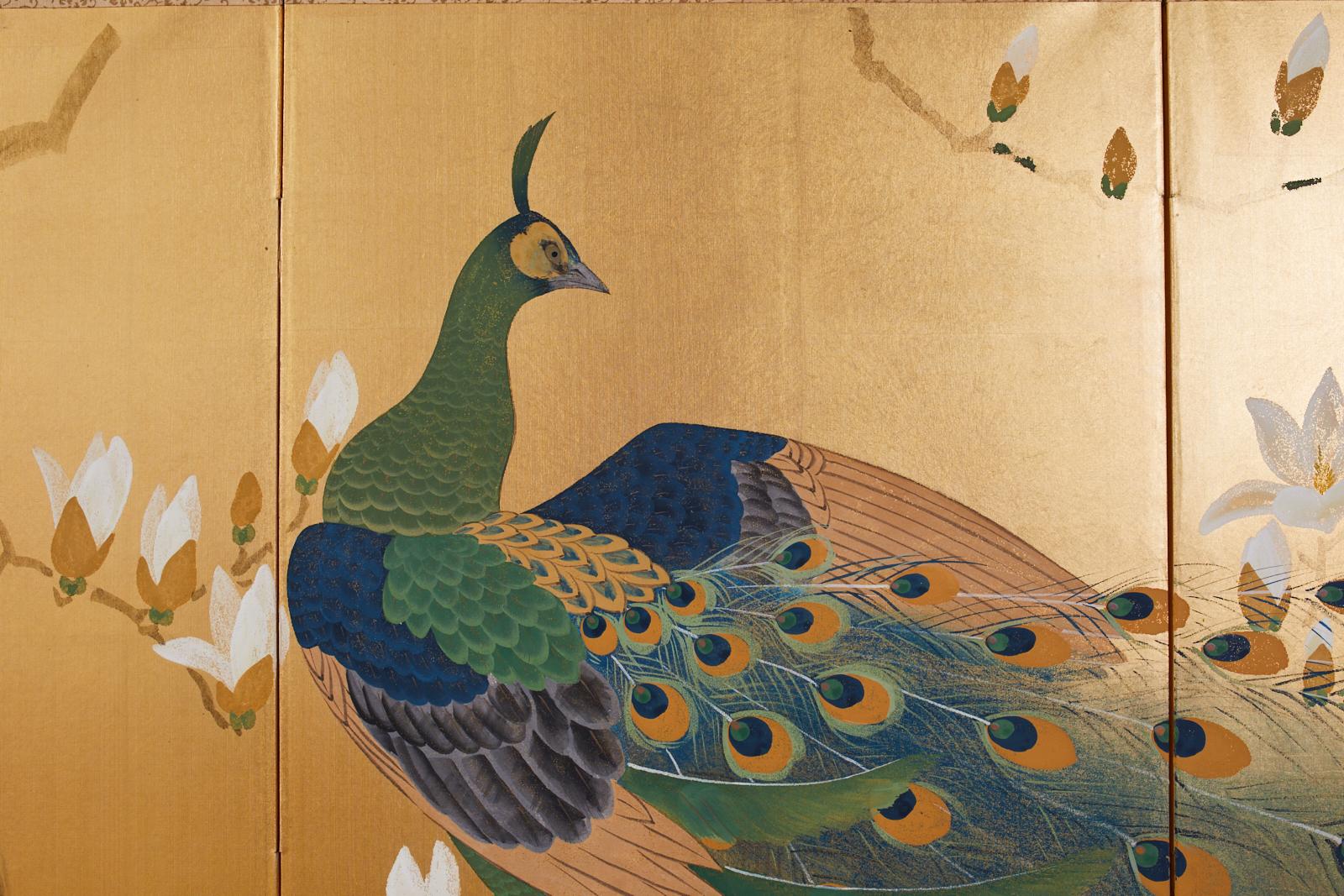 Japanese Four Panel Screen Peacock and Flowering Magnolia 4