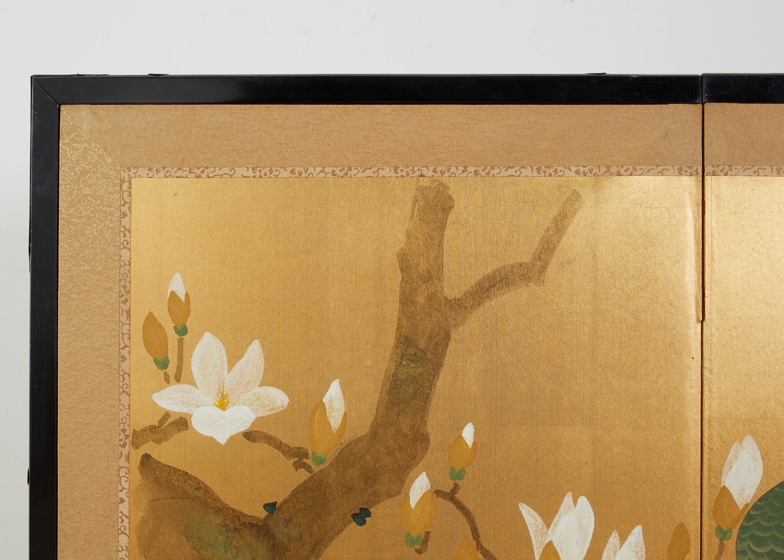 Japanese Four Panel Screen Peacock and Flowering Magnolia 5
