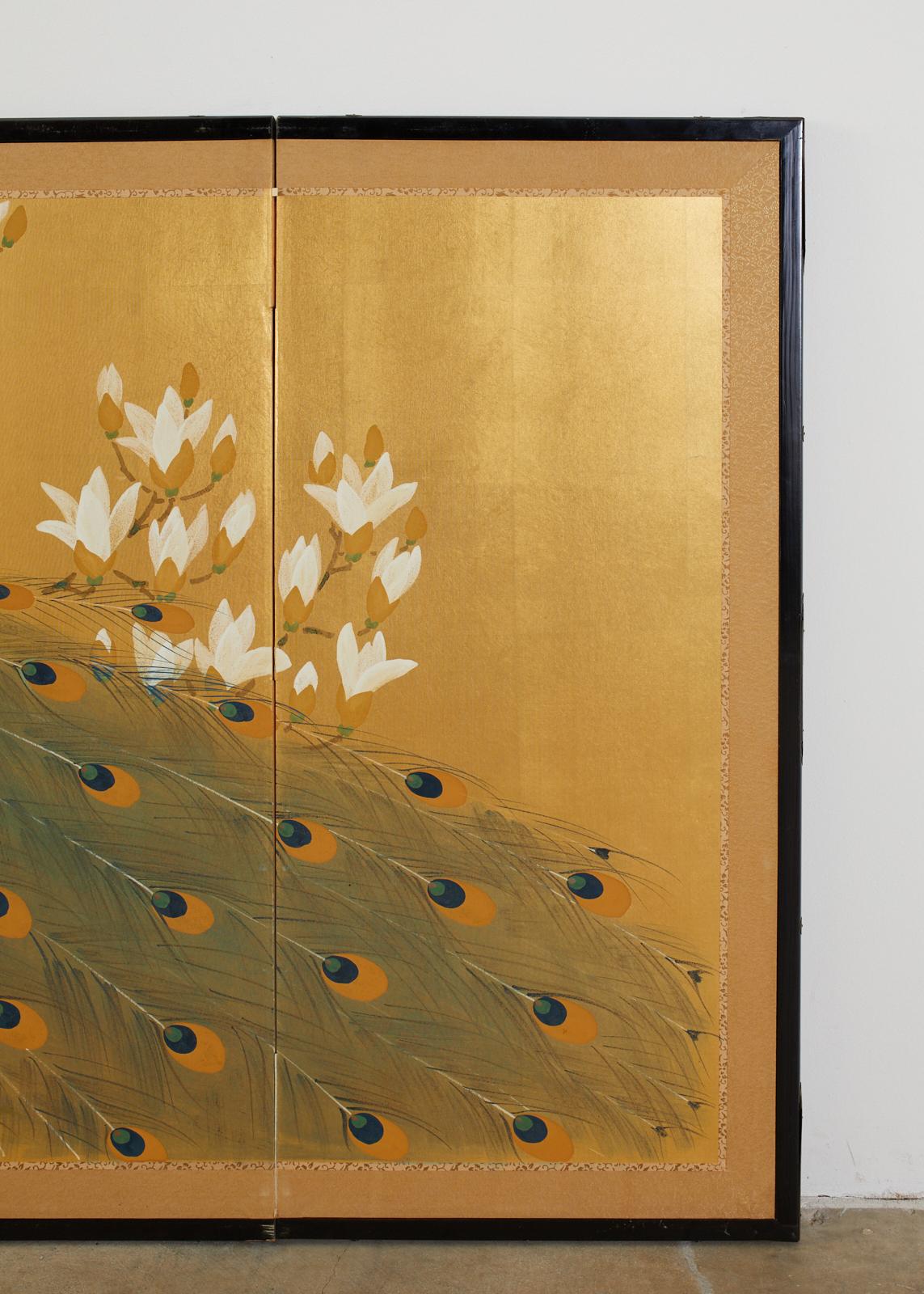 Japanese Four Panel Screen Peacock and Flowering Magnolia 6