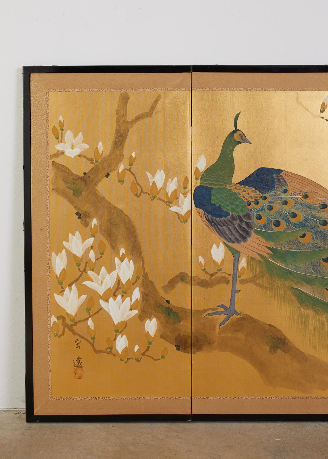Japanese Four Panel Screen Peacock and Flowering Magnolia 7