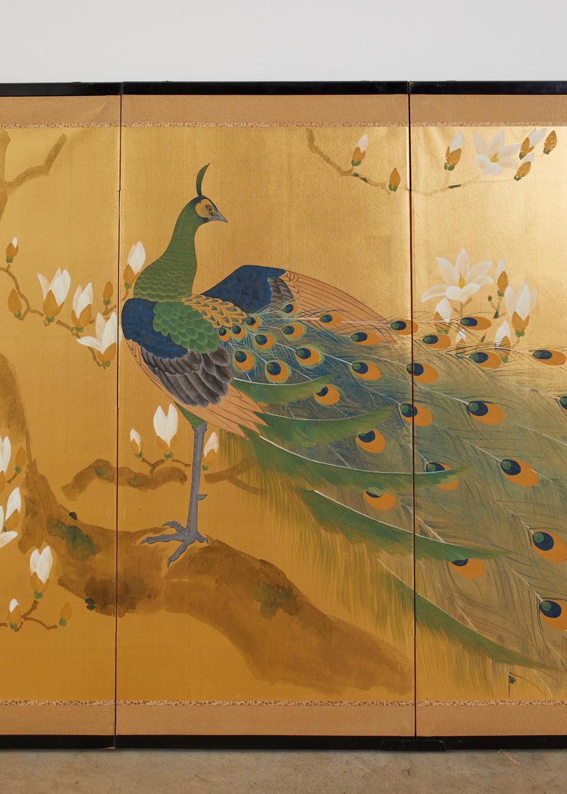 Japanese Four Panel Screen Peacock and Flowering Magnolia 8