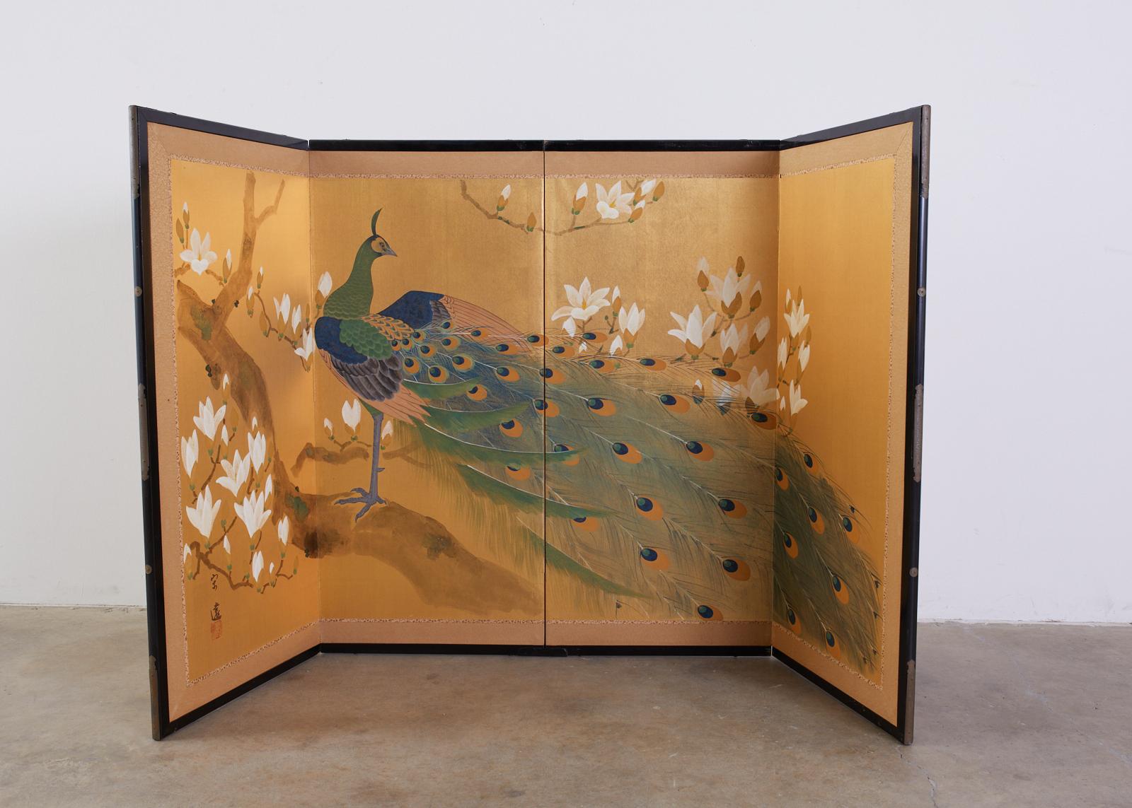 Meiji Japanese Four Panel Screen Peacock and Flowering Magnolia