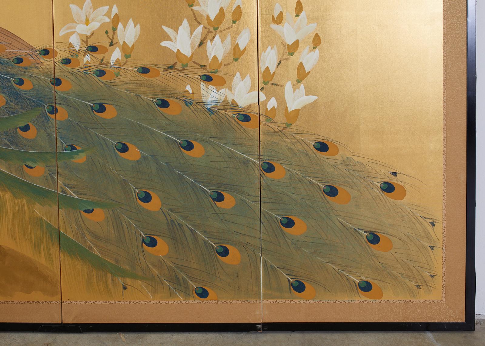 20th Century Japanese Four Panel Screen Peacock and Flowering Magnolia
