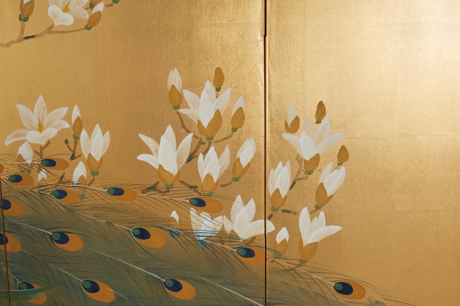 Paint Japanese Four Panel Screen Peacock and Flowering Magnolia