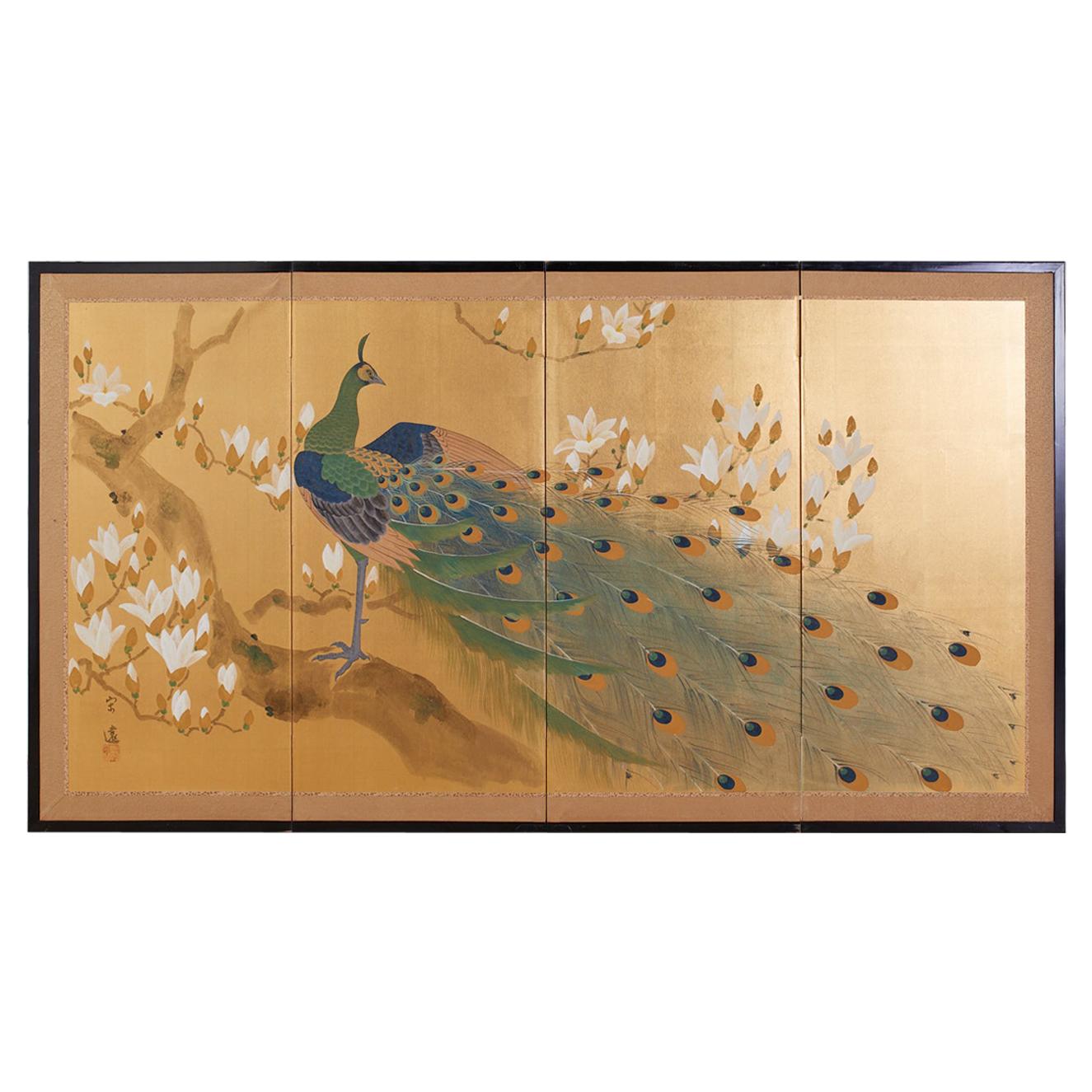 Japanese Four Panel Screen Peacock and Flowering Magnolia