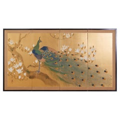 Japanese Four Panel Screen Peacock and Flowering Magnolia