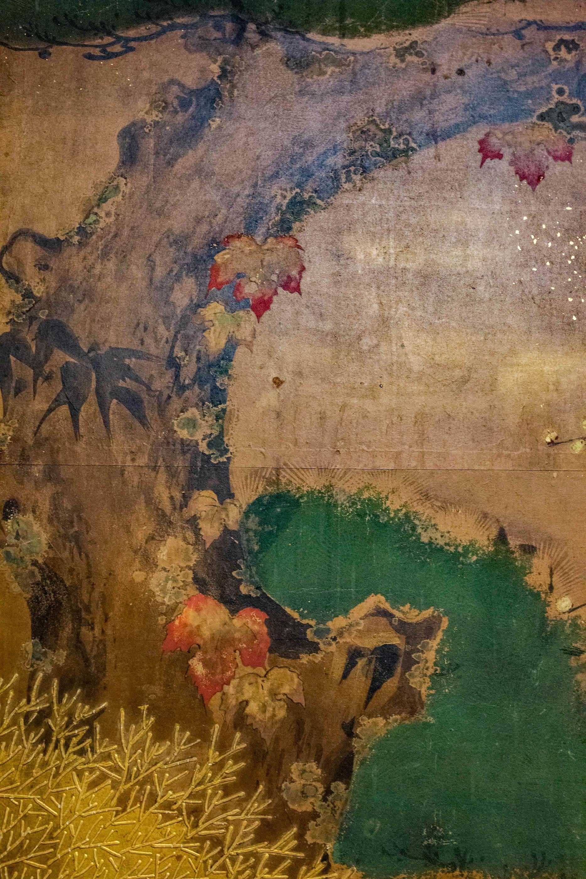 Paravent japonais à quatre panneaux « Rimpa Painting of Pheasant on Old Plum in Garden » (peinture de faisan sur vieux prunier dans un jardin) en vente 1