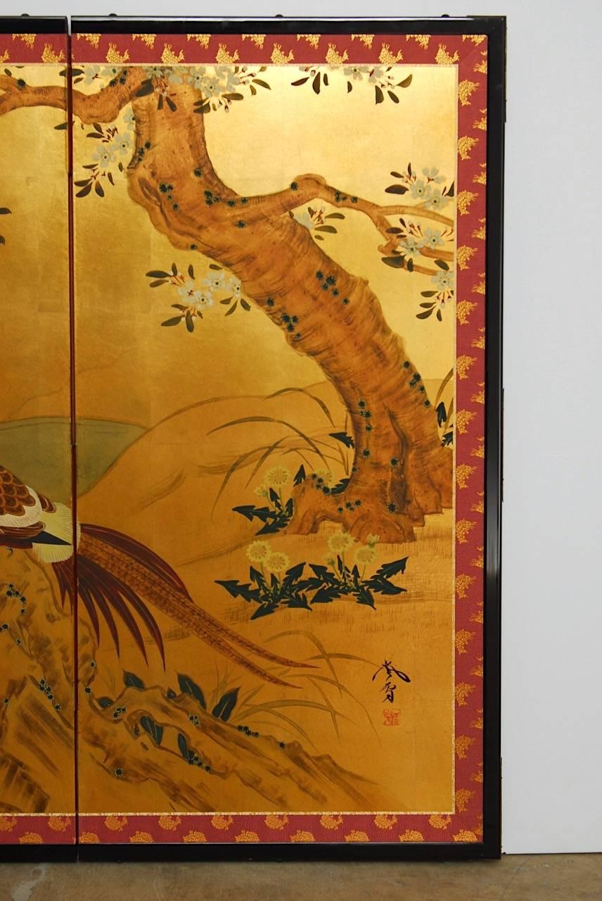 Japanese Four-Panel Screen Pheasants, Cherry and Prunus on Gold Leaf 2
