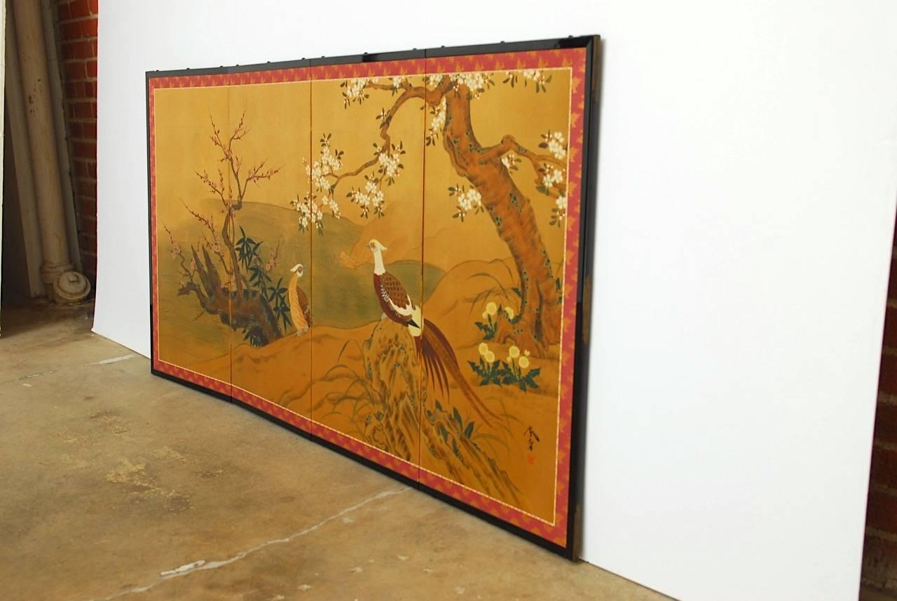 Japanese Four-Panel Screen Pheasants, Cherry and Prunus on Gold Leaf 7