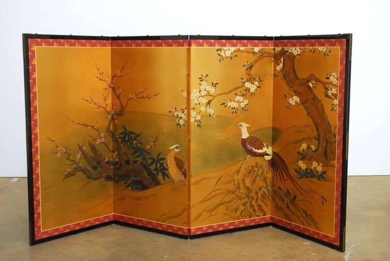 Japanese Four-Panel Screen Pheasants, Cherry and Prunus on Gold Leaf at  1stDibs