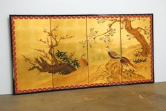 Japanese Four-Panel Screen Pheasants, Cherry and Prunus on Gold Leaf