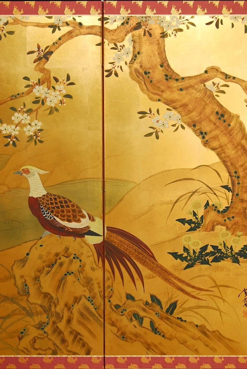 Lacquered Japanese Four-Panel Screen Pheasants, Cherry and Prunus on Gold Leaf