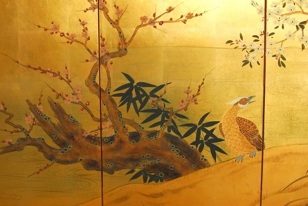 Japanese Four-Panel Screen Pheasants, Cherry and Prunus on Gold Leaf In Excellent Condition In Rio Vista, CA