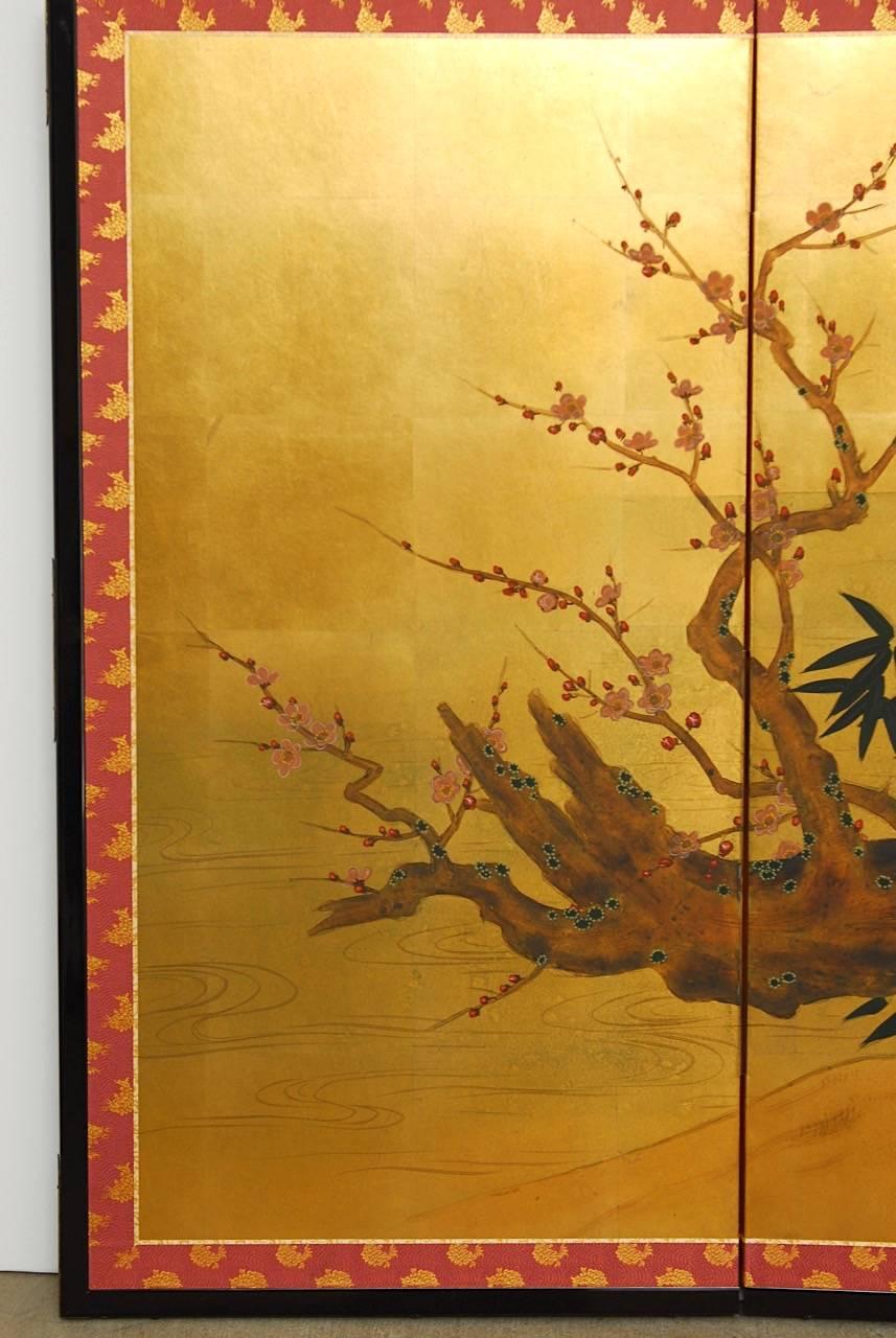 20th Century Japanese Four-Panel Screen Pheasants, Cherry and Prunus on Gold Leaf