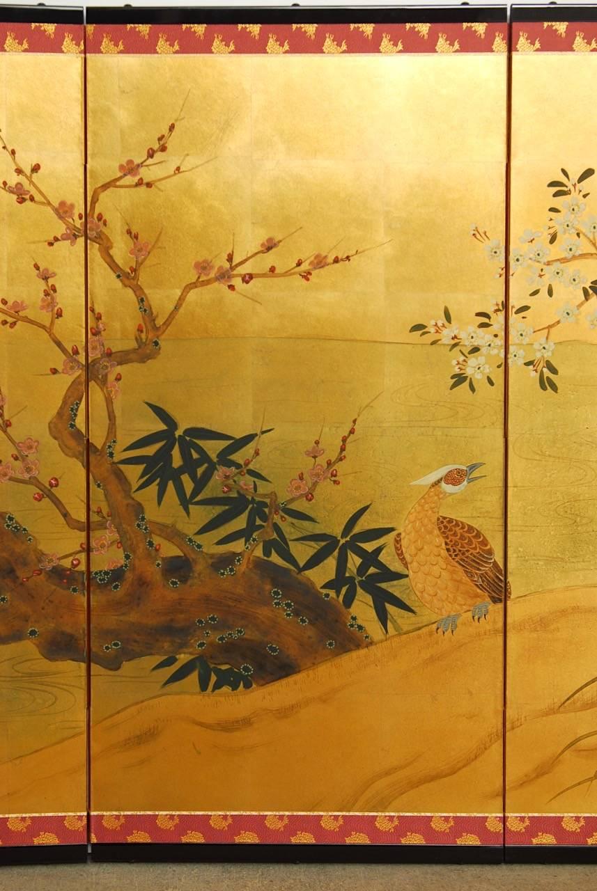 Paper Japanese Four-Panel Screen Pheasants, Cherry and Prunus on Gold Leaf