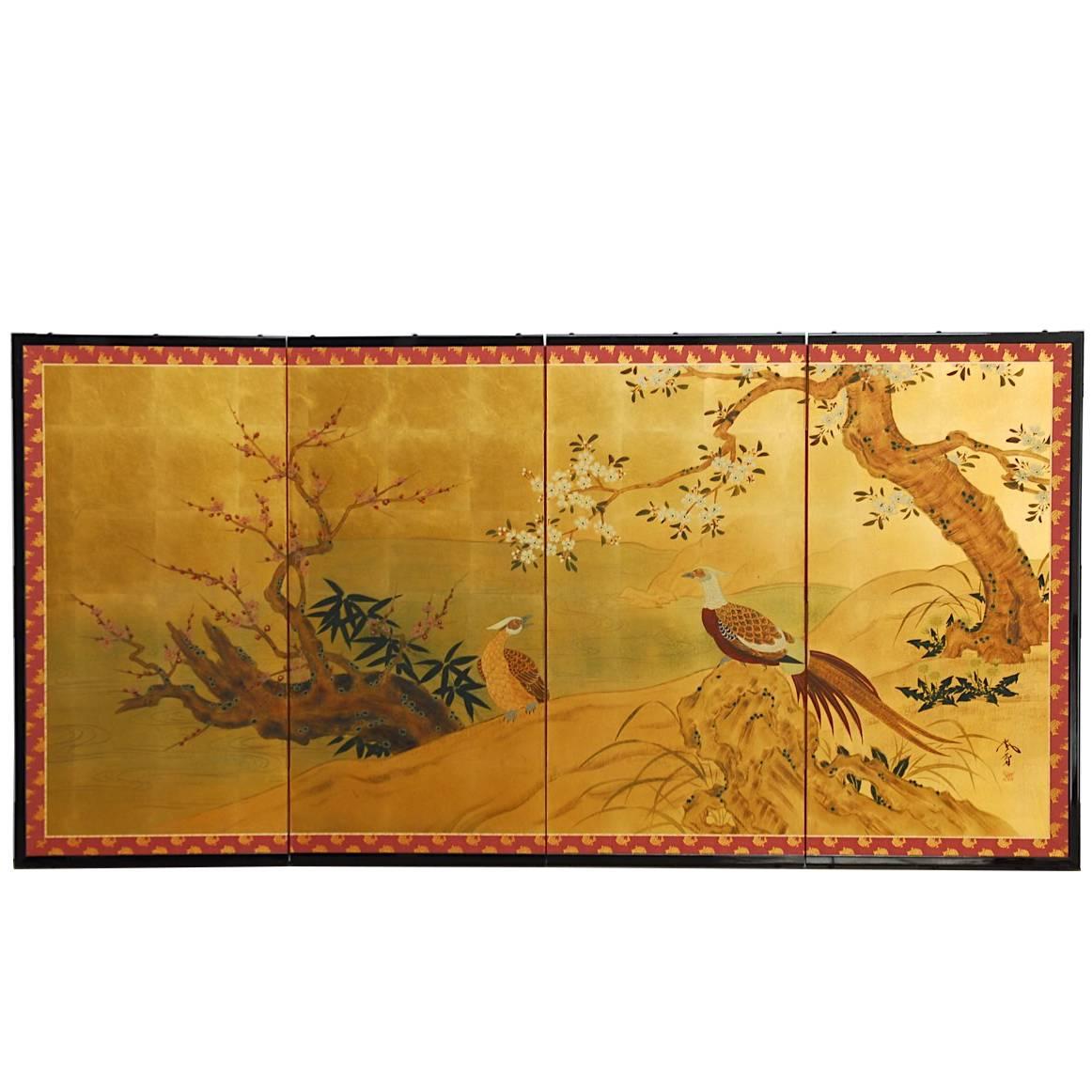 Japanese Four-Panel Screen Pheasants, Cherry and Prunus on Gold Leaf
