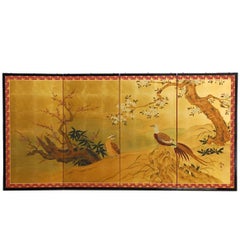 Vintage Japanese Four-Panel Screen Pheasants, Cherry and Prunus on Gold Leaf