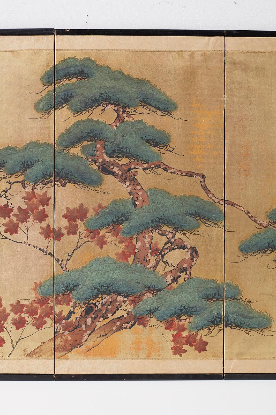 Lacquered Japanese Four-Panel Screen Pine and Maple on Silk