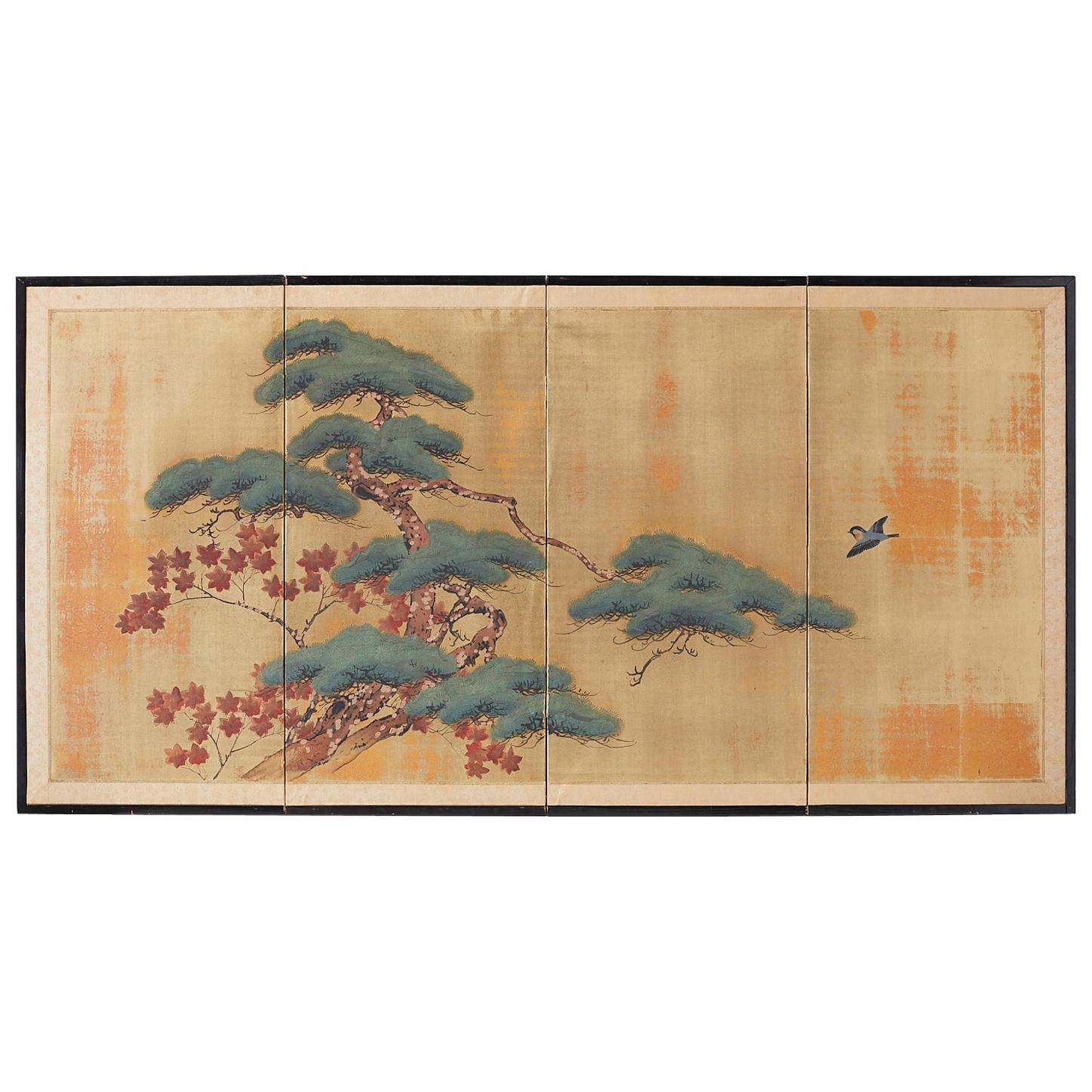Japanese Four-Panel Screen Pine and Maple on Silk