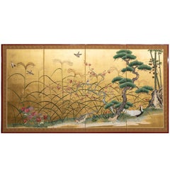 Paravent japonais à quatre panneaux:: en pin:: prunier et bambou avec faisan