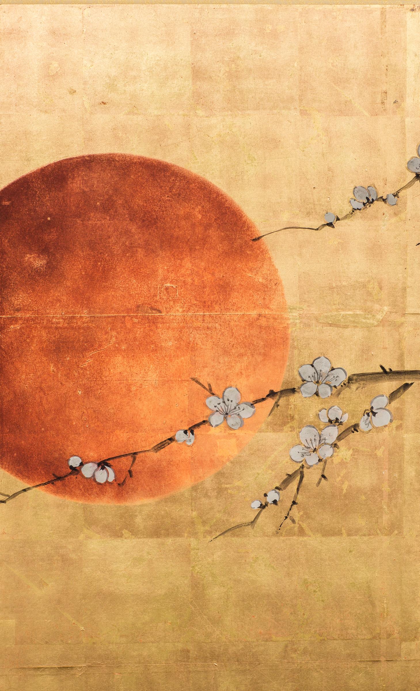 Taisho period painting (1868-1912) in mineral pigments on gold with a silk brocade border. In good condition.