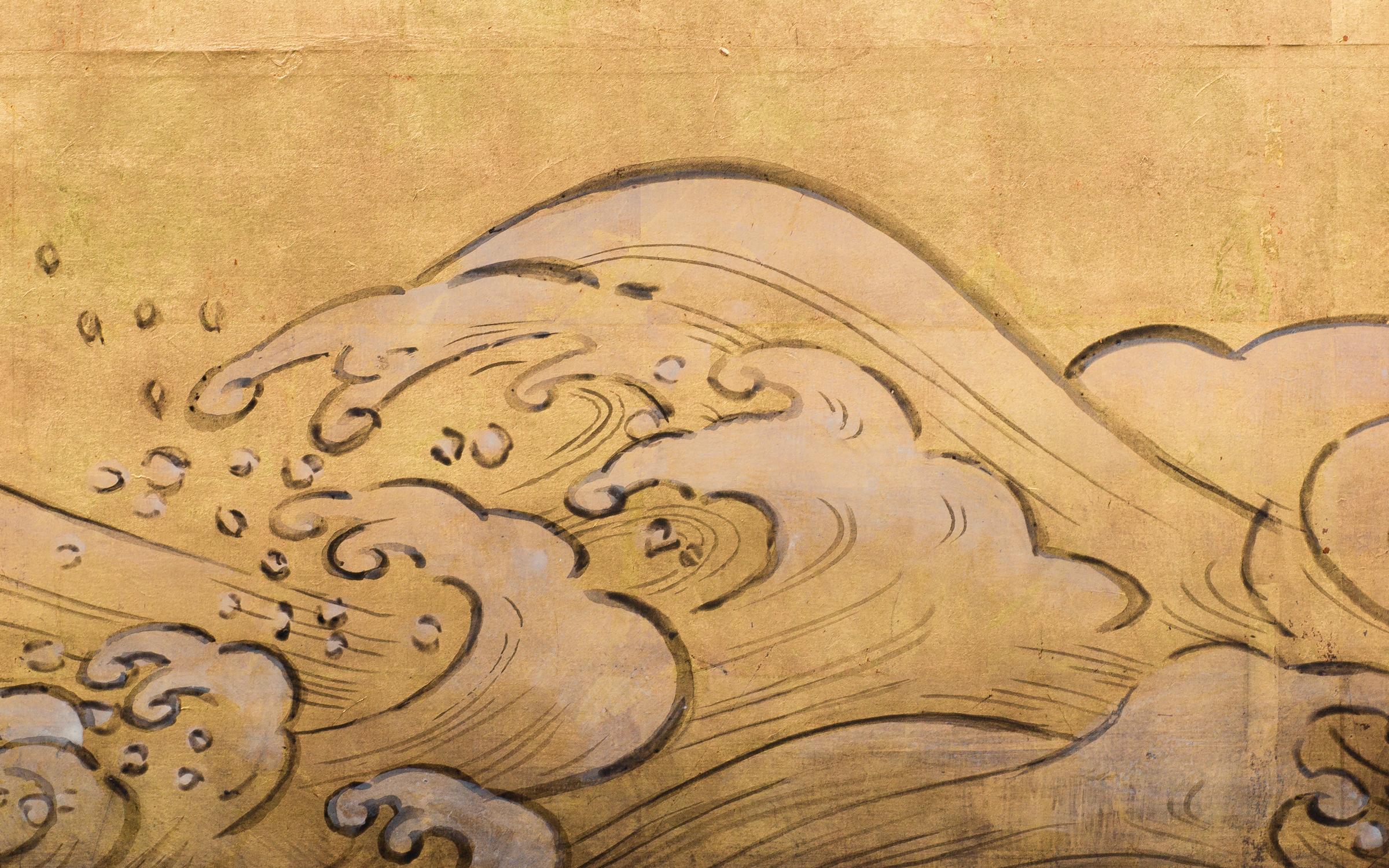 Taisho Japanese Four Panel Screen Plum Blossom and Sun over Cresting Waves