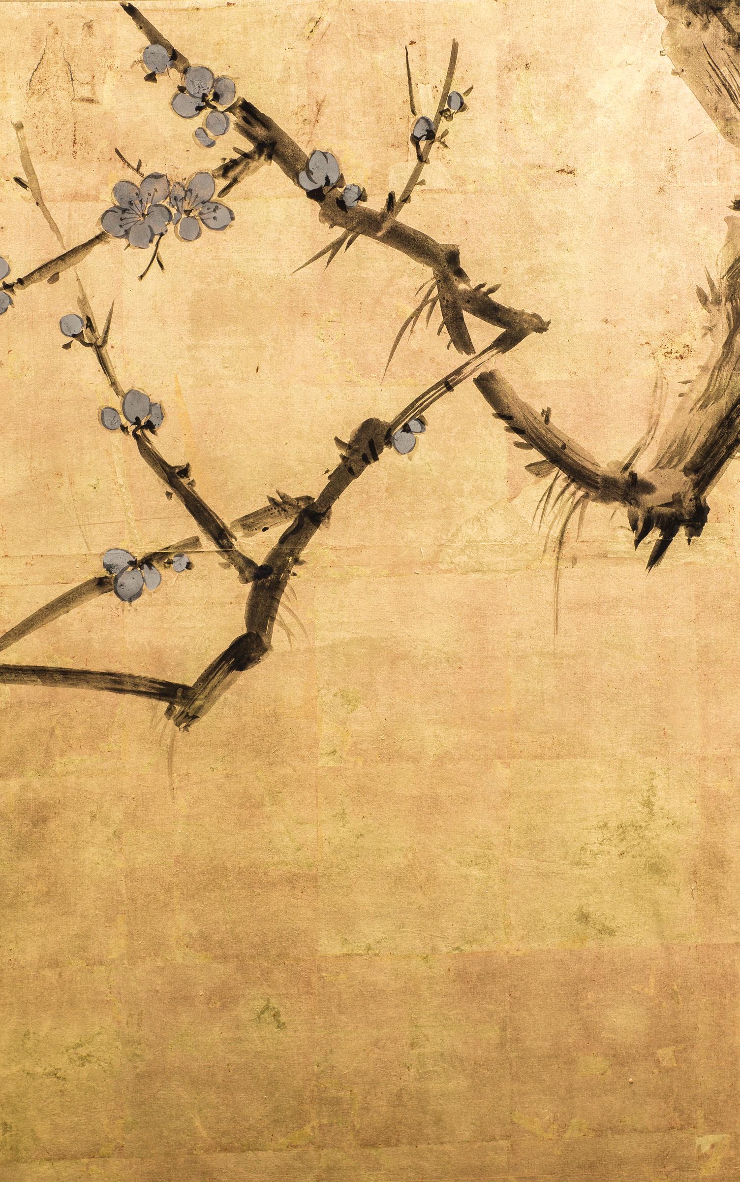 Japanese Four Panel Screen Plum Blossom and Sun over Cresting Waves In Good Condition In Hudson, NY