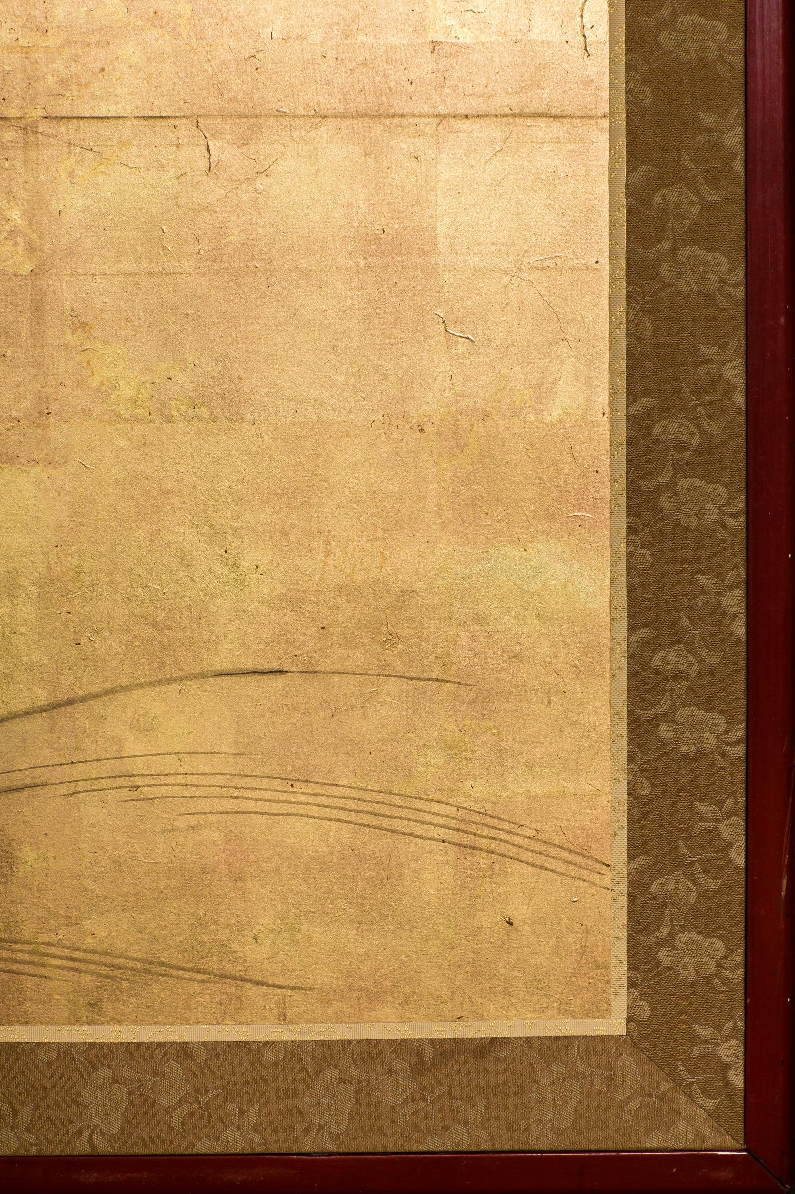 20th Century Japanese Four Panel Screen Plum Blossom and Sun over Cresting Waves