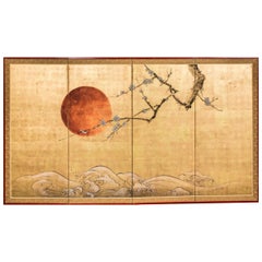 Japanese Four Panel Screen Plum Blossom and Sun over Cresting Waves