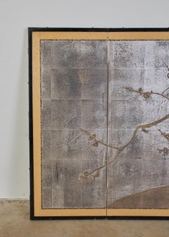 Japanese Four Panel Screen Prunus Tree on Silver Leaf