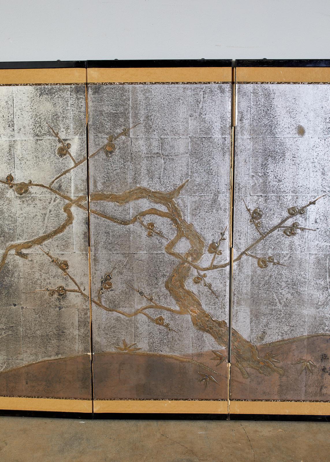 Ebonized Japanese Four Panel Screen Prunus Tree on Silver Leaf