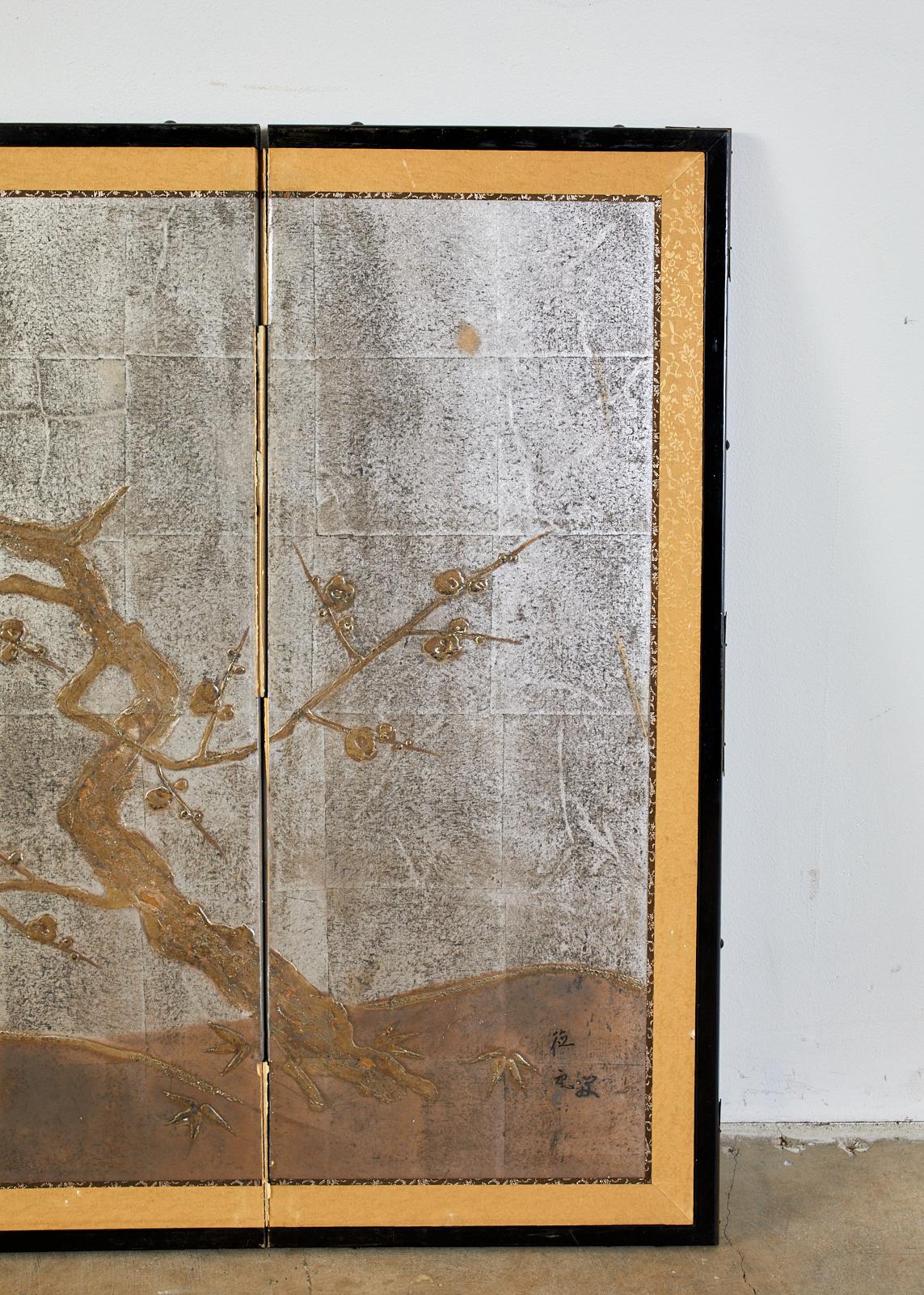 Japanese Four Panel Screen Prunus Tree on Silver Leaf In Fair Condition In Rio Vista, CA