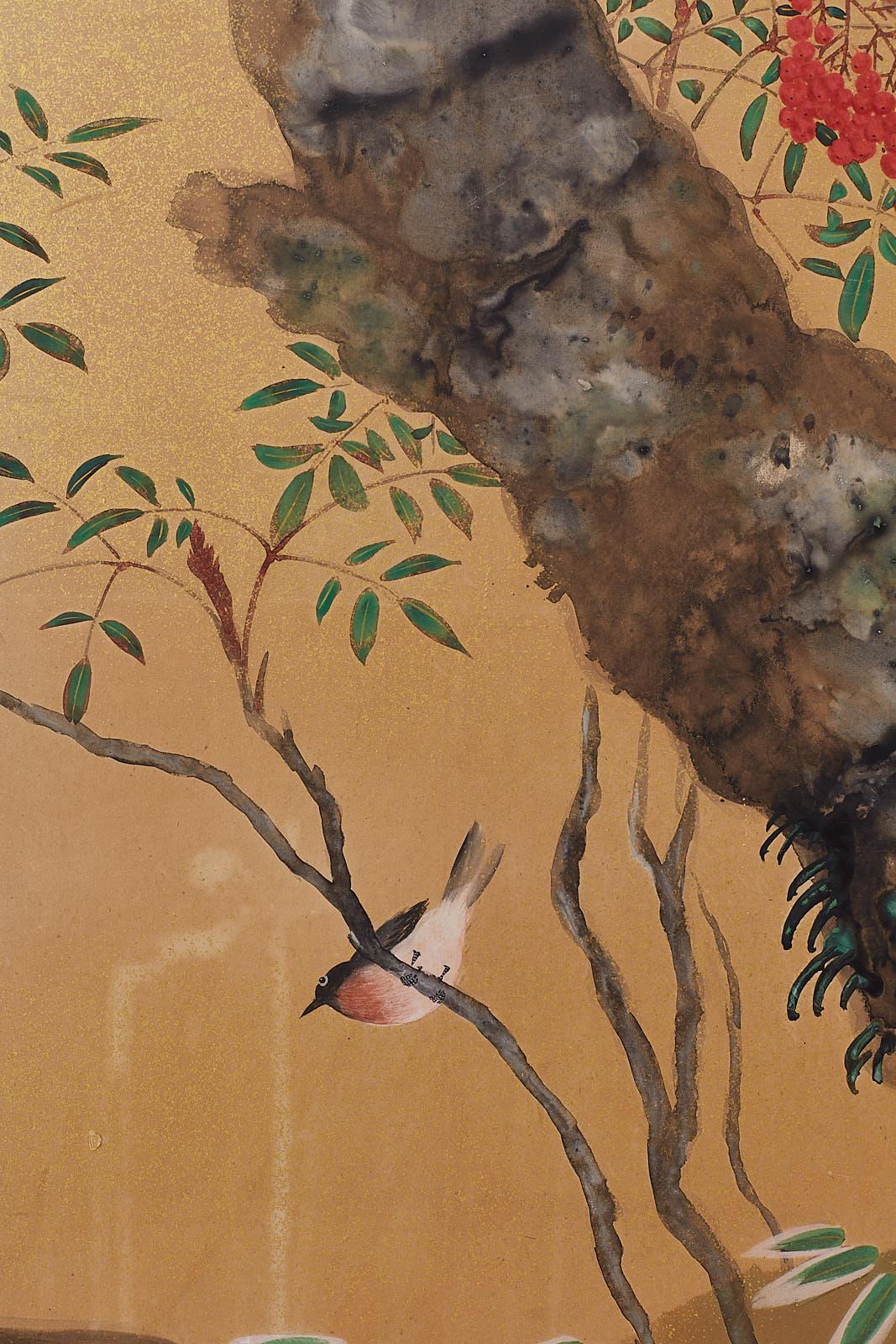Japanese Four-Panel Screen Prunus Tree with Nandina 4