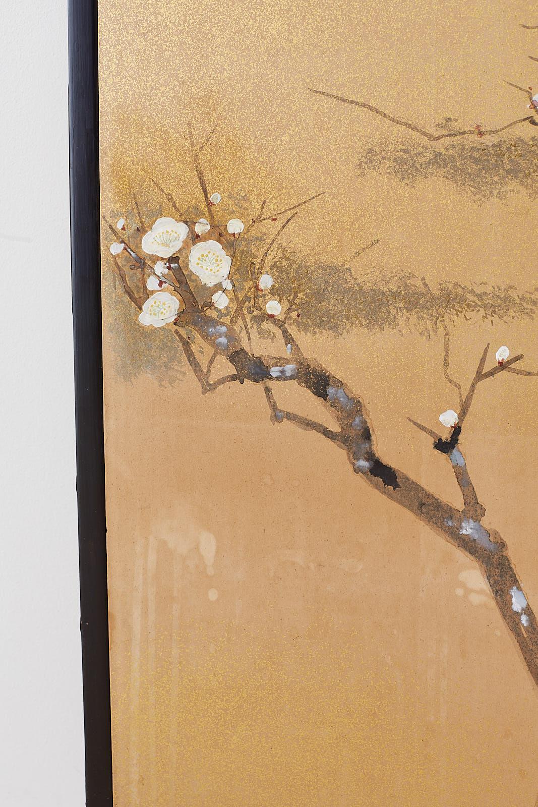 Japanese Four-Panel Screen Prunus Tree with Nandina 5