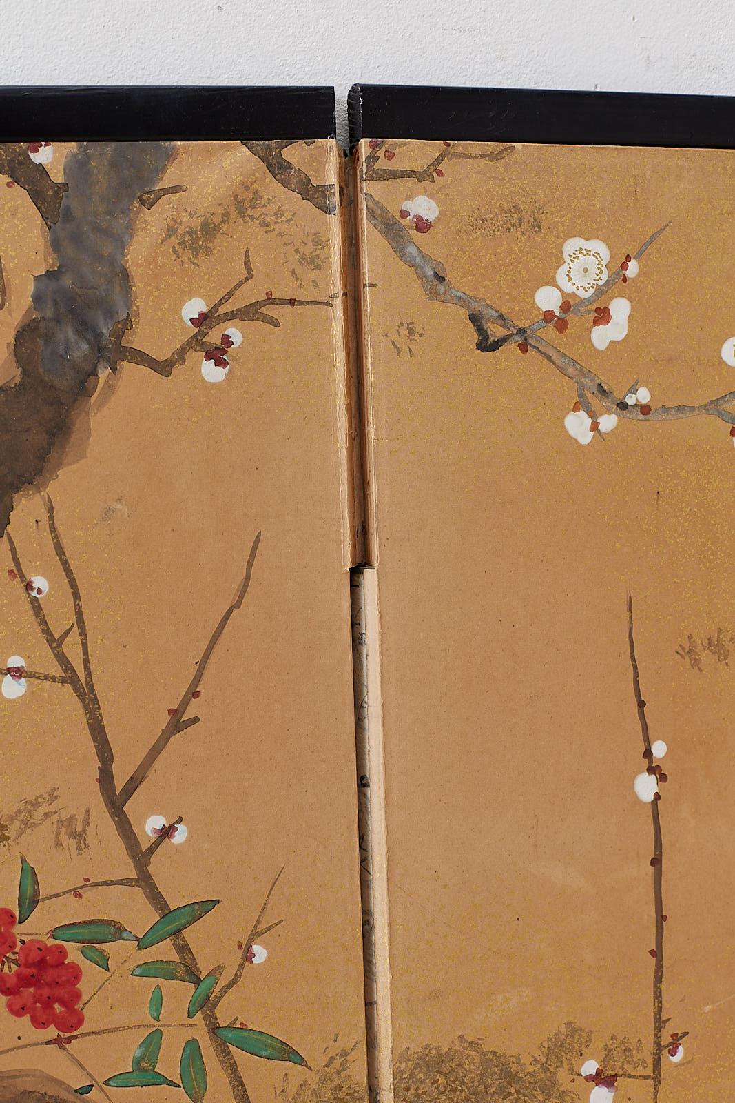 Japanese Four-Panel Screen Prunus Tree with Nandina 7