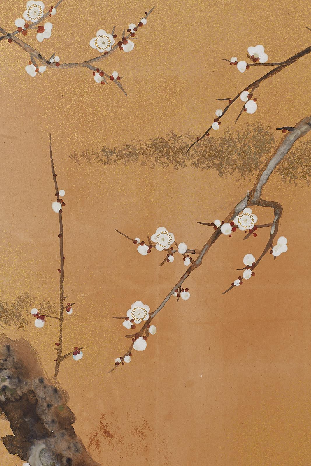 Japanese Four-Panel Screen Prunus Tree with Nandina 8