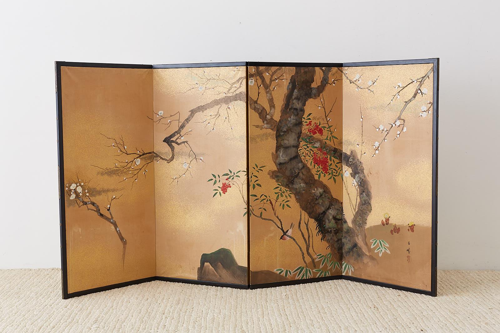 Japanese Four-Panel Screen Prunus Tree with Nandina 10