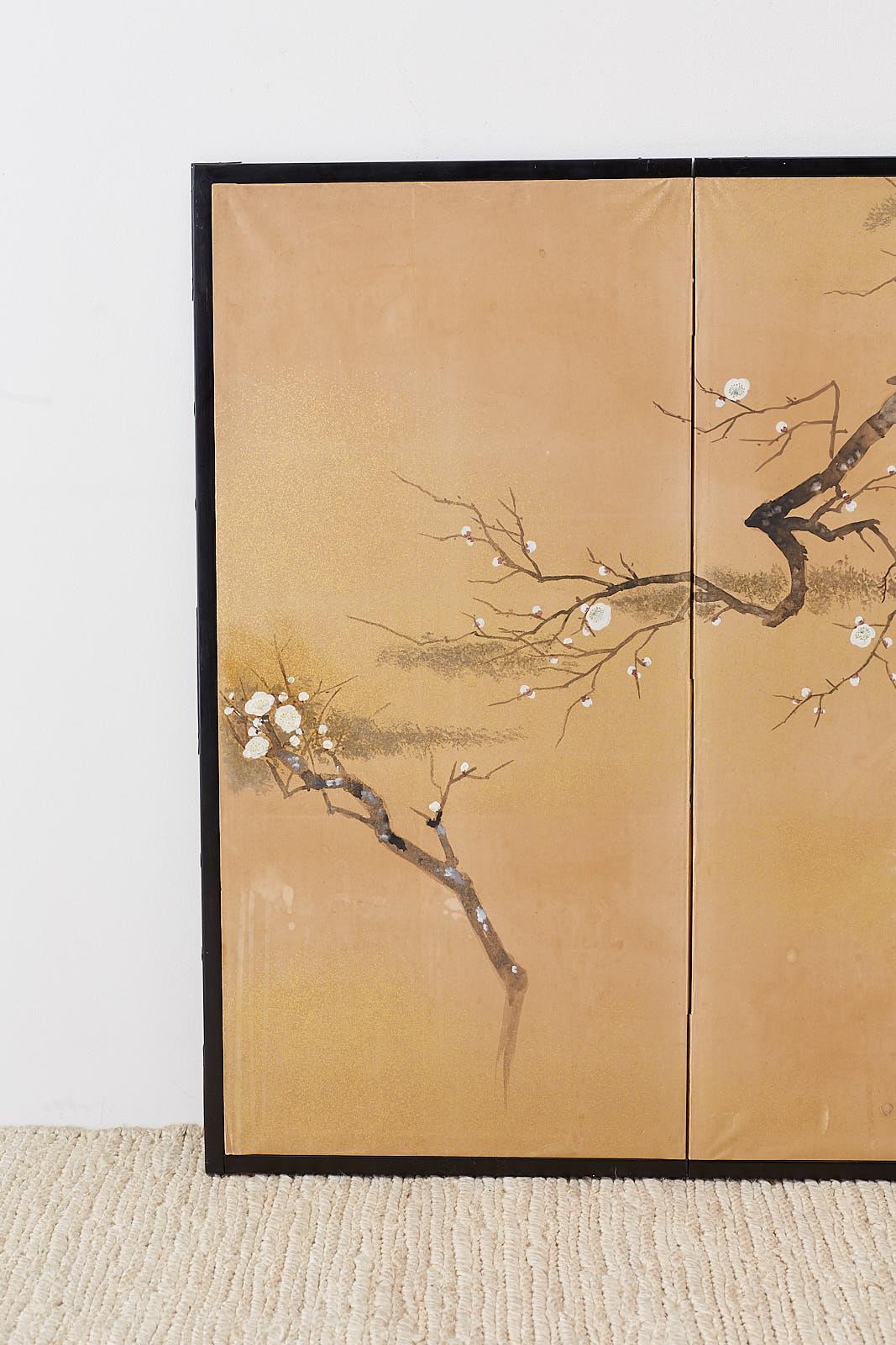 Meiji Japanese Four-Panel Screen Prunus Tree with Nandina